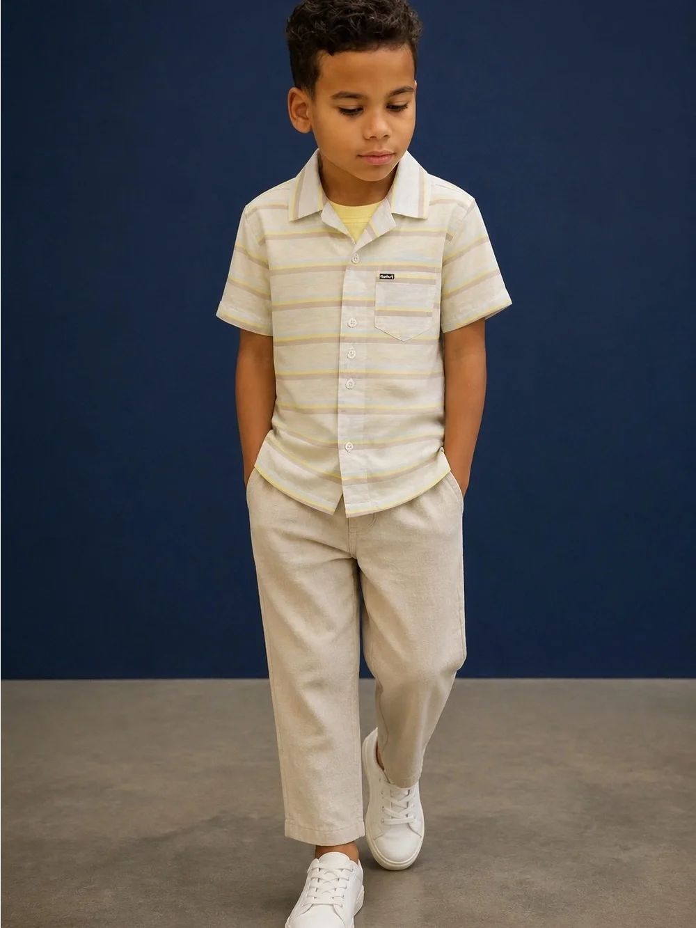 Hurley Boys’ Yellow & Beige Striped Short Sleeve Button-Down Shirt – Size 7/8 - Picture 2 of 6